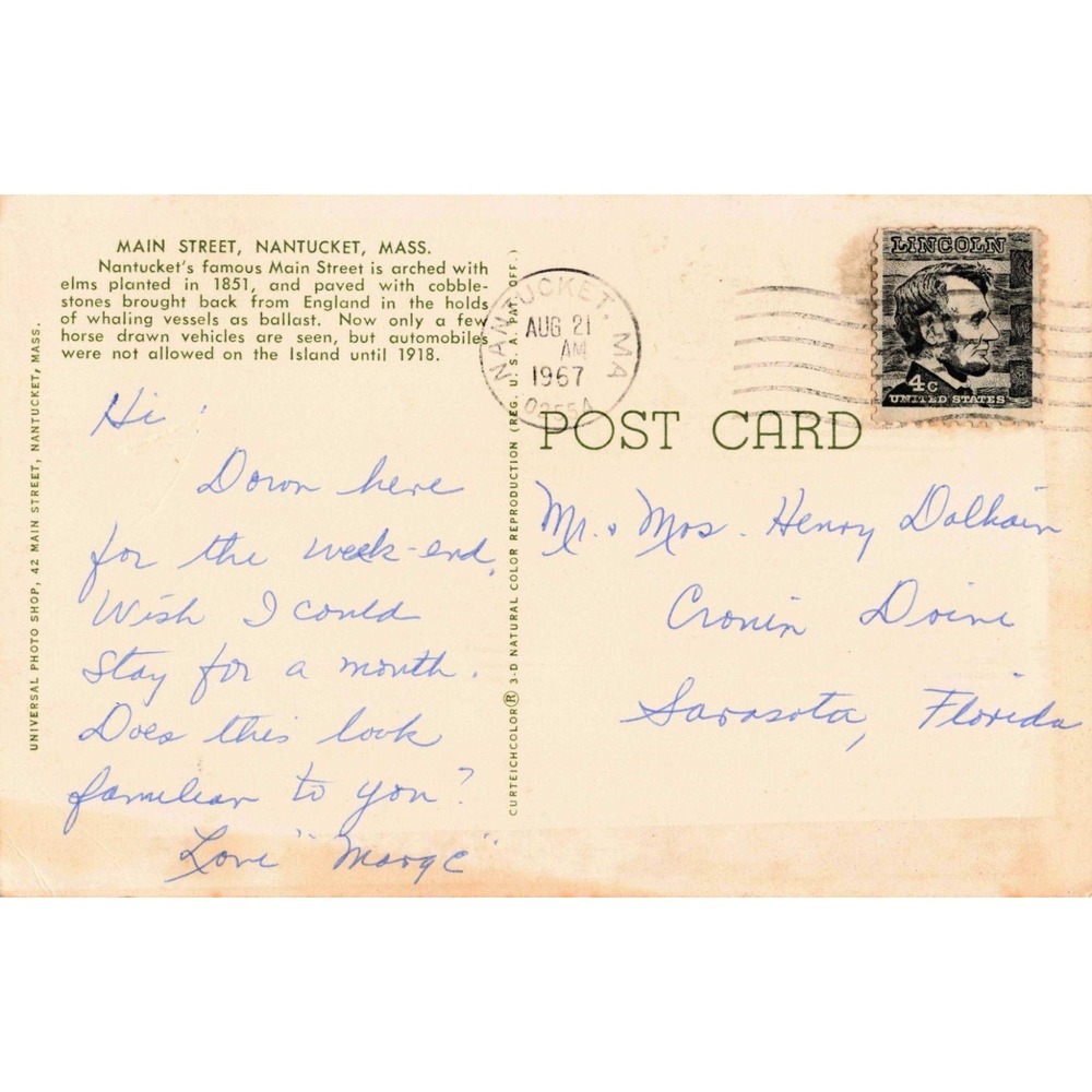 Vintage 1967 Nantucket Mass Main Street Postcard Curteichcolor Cobblestone View - Picture 2 of 2